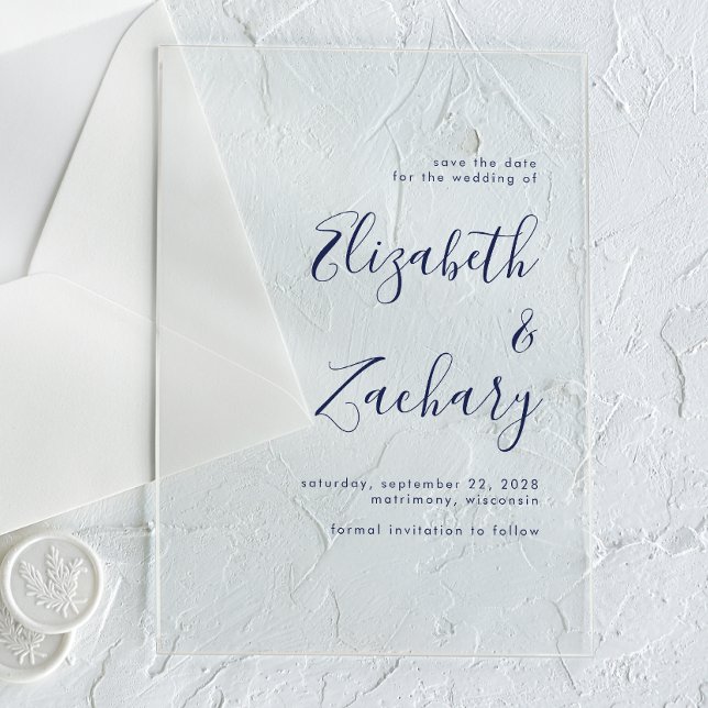 Modern Minimalist Navy Blue Script Save the Date Acrylic Invitations (Creator Uploaded)