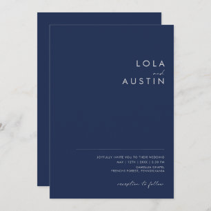 Modern Minimalist Navy Blue Silver Casual Wedding Invitation