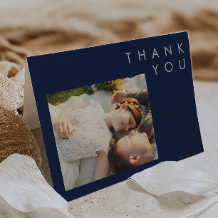 Modern Minimalist Navy Blue   Silver Folded Photo Letterpress Thank You Card
