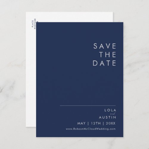 Modern Minimalist Navy Blue  Silver Save The Date Invitation Postcard