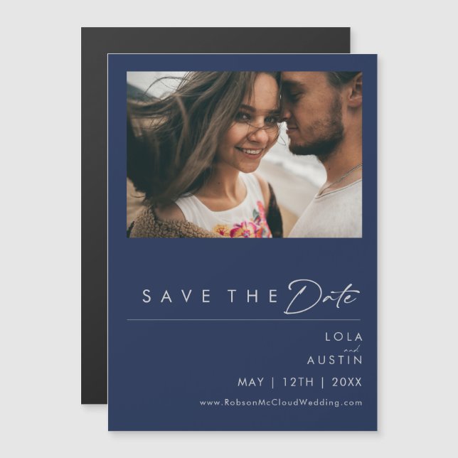 Modern Minimalist Navy Blue | Silver Save The Date Magnetic Invitation (Front/Back)