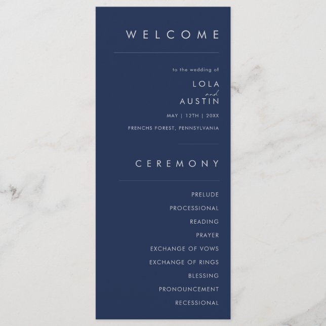 Modern Minimalist Navy Blue | Silver Wedding Program (Front)