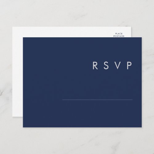 Modern Minimalist Navy Blue  Silver Wedding RSVP Postcard