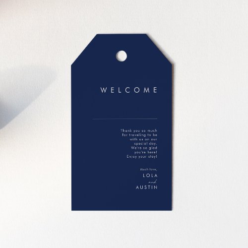 Modern Minimalist Navy Blue Silver Wedding Welcome Gift Tags
