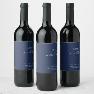 Modern Minimalist Navy Blue Silver Wedding Wine Label