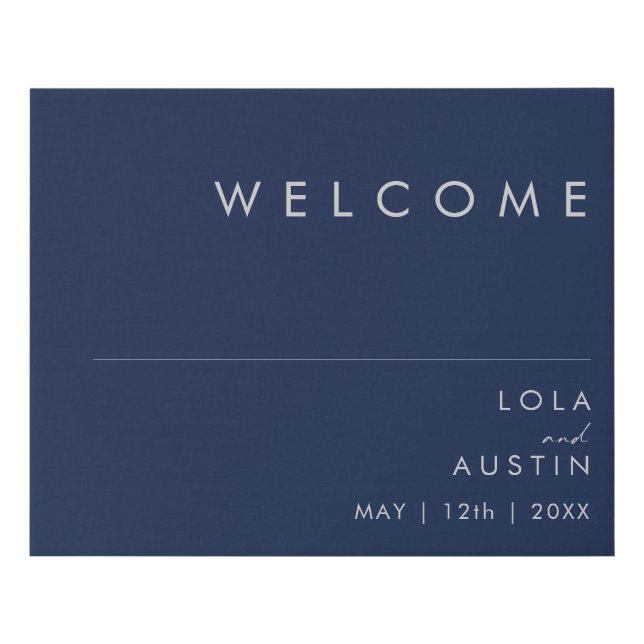 Modern Minimalist Navy Blue | Silver Welcome Faux Canvas Print (Front)