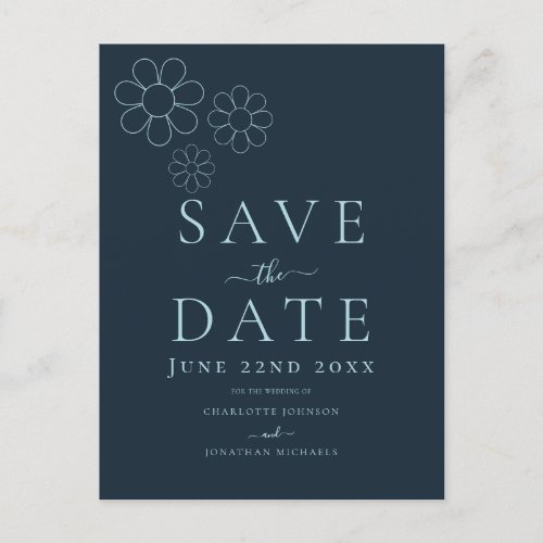 Modern Minimalist Navy Blue Simple Daisy Wedding Invitation Postcard