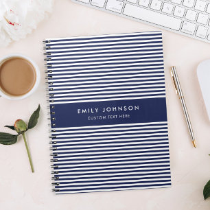 Modern Minimalist Navy Blue Stripes Monogram Notebook