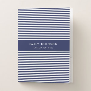 Modern Minimalist Navy Blue Stripes Monogram Pocket Folder