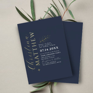 Modern Minimalist Navy Blue Wedding Gold Foil Invitation