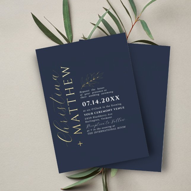 Modern Minimalist Navy Blue Wedding Gold Foil Invitation (Creator Uploaded)