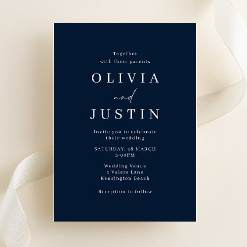 Modern Minimalist Navy Blue Wedding Invitation