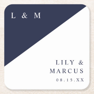 Modern Minimalist Navy Blue White Monogram Wedding Square Paper Coaster