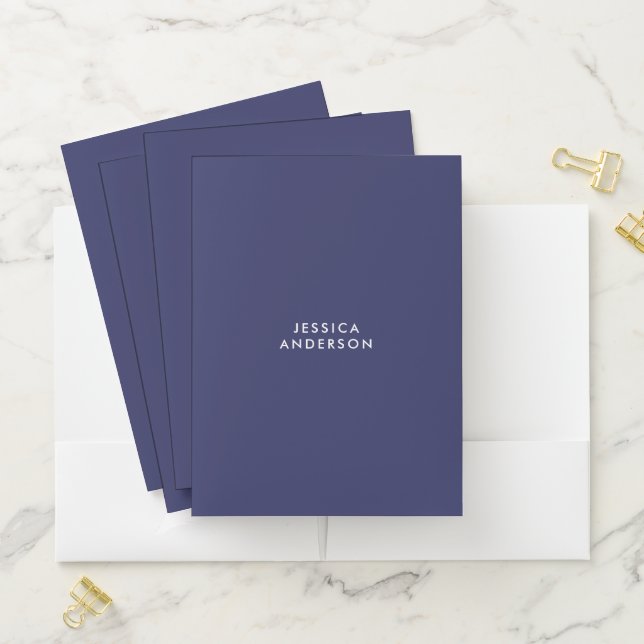 Modern Minimalist Navy Blue White Name  Pocket Folder (In Situ)