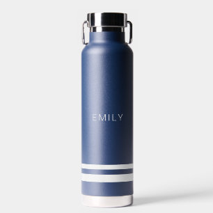 Modern Minimalist Navy Blue White Stripes  Water Bottle