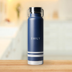 Modern Minimalist Navy Blue White Stripes  Water Bottle