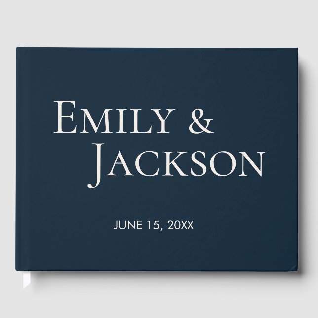 Modern Minimalist Navy Blue White Wedding Guest Book (Front)