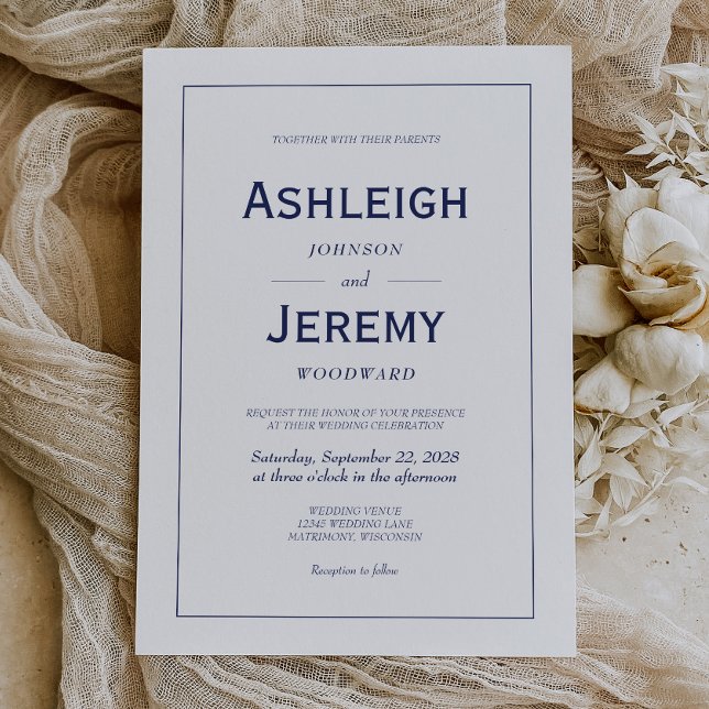 Modern Minimalist Navy Blue White Wedding Invitation (Creator Uploaded)