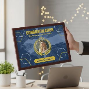 Modern Minimalist Navy Gold and White Employee of  Award Plaque