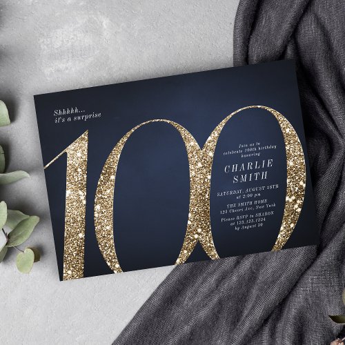 Modern minimalist navy gold glitter 100th birthday invitation