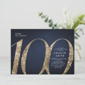 Modern minimalist navy gold glitter 100th birthday invitation (Standing Front)