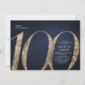Modern minimalist navy gold glitter 100th birthday invitation (Front)