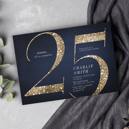 Modern minimalist navy gold glitter 25th birthday invitation