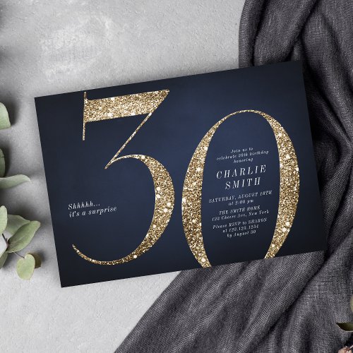 Modern minimalist navy gold glitter 30th birthday invitation