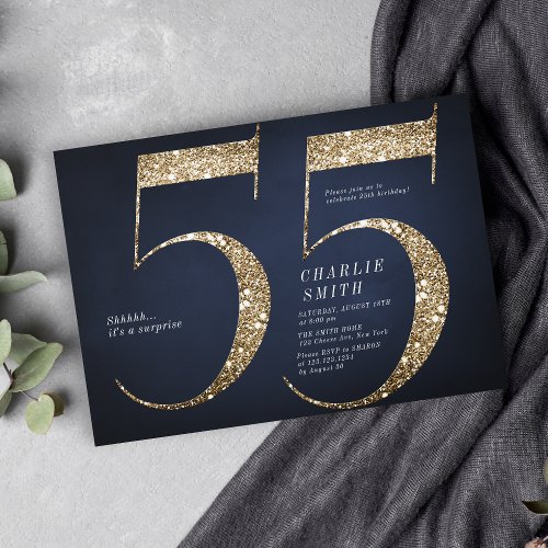 Modern minimalist navy gold glitter 55th birthday invitation