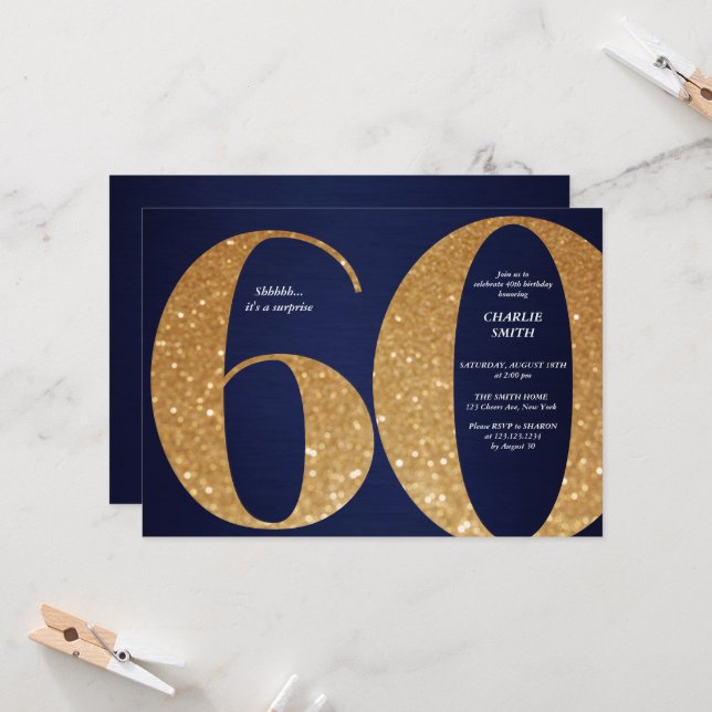 Modern minimalist navy gold glitter 60th birthday invitation (Front/Back In Situ)