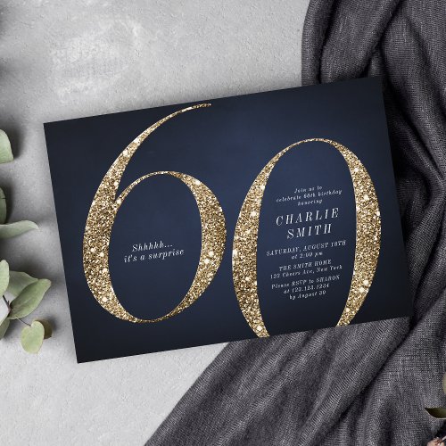 Modern minimalist navy gold glitter 60th birthday invitation