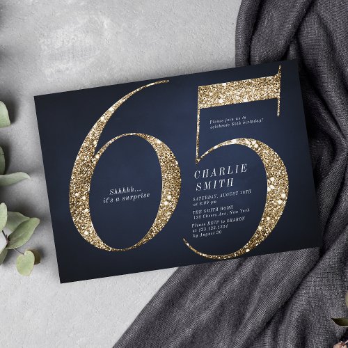 Modern minimalist navy gold glitter 65th birthday  invitation