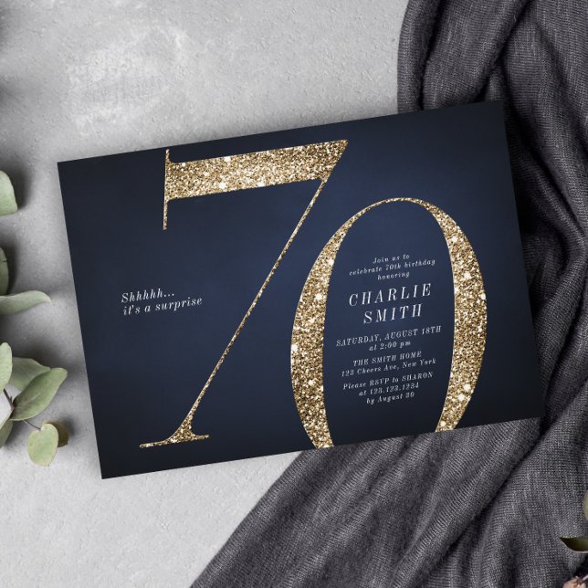 Modern minimalist navy gold glitter 70th birthday invitation