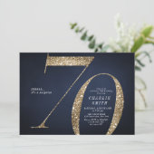 Modern minimalist navy gold glitter 70th birthday invitation (Standing Front)