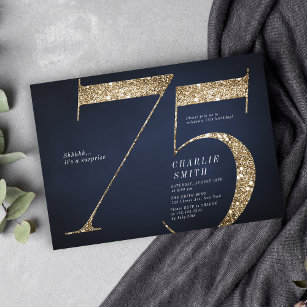 Modern minimalist navy gold glitter 75th birthday invitation