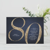 Modern minimalist navy gold glitter 80th birthday invitation (Standing Front)