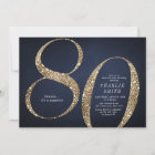 Modern minimalist navy gold glitter 80th birthday