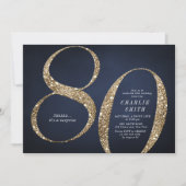 Modern minimalist navy gold glitter 80th birthday invitation (Front)