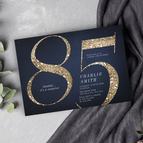 Modern minimalist navy gold glitter 85th birthday invitation