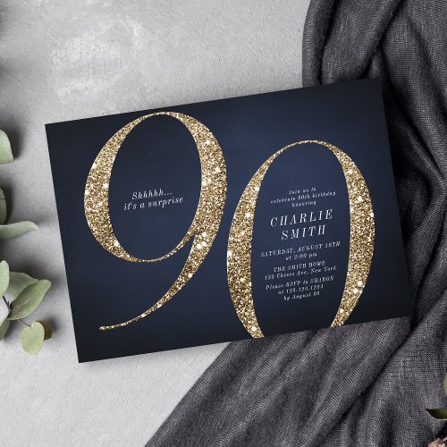 Modern minimalist navy gold glitter 90th birthday invitation