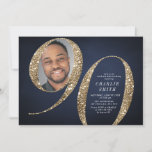 Modern minimalist navy gold photo 90th birthday  invitation<br><div class="desc">Modern minimalist 90th birthday party invitation features stylish faux gold glitter number 90 with photo and your party details in classic serif font on navy blue background,  simple and elegant,  great surprise adult milestone birthday invitation.  
the background color can be changed to any color of your choice.</div>