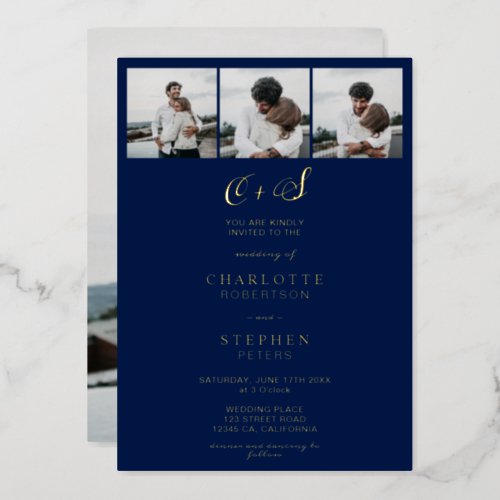 Modern minimalist navy initials 4 photos wedding foil invitation