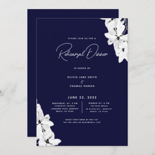 Modern Minimalist Navy Magnolia Rehearsal Dinner Invitation