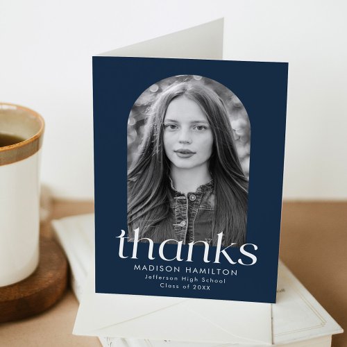 Modern Minimalist Navy Photo Graduation Thank You Card