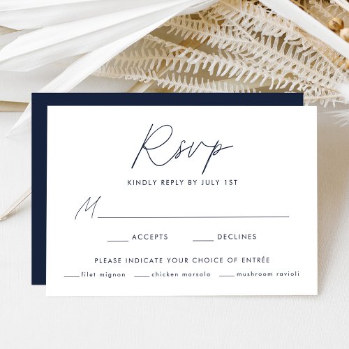 Modern Minimalist Navy Script Meal Choice Wedding RSVP Card