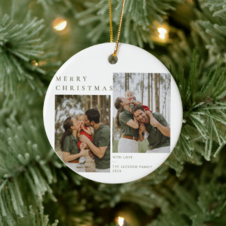 Modern Minimalist Neutral Christmas Family Photo Ceramic Ornament