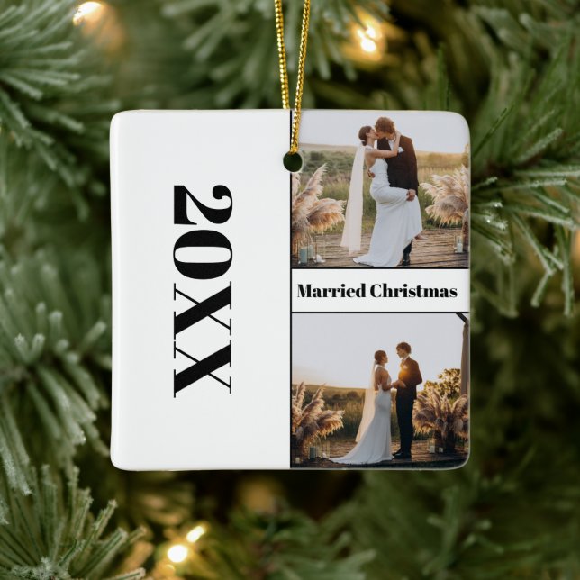 Modern Minimalist Newlywed Married Christmas Photo Ceramic Ornament (Tree)