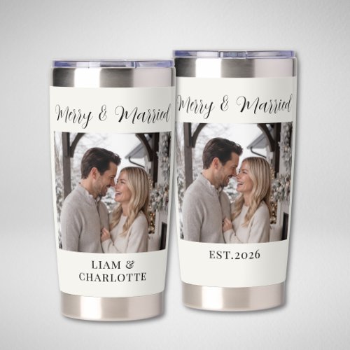 Modern Minimalist Newlyweds 1st Christmas Photo Insulated Tumbler