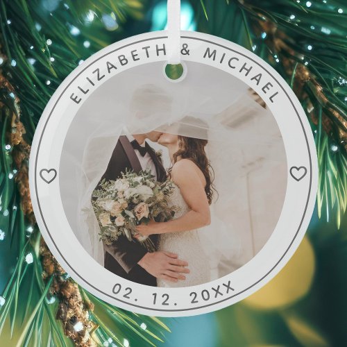 Modern Minimalist Newlyweds Couple Wedding Photo Glass Ornament