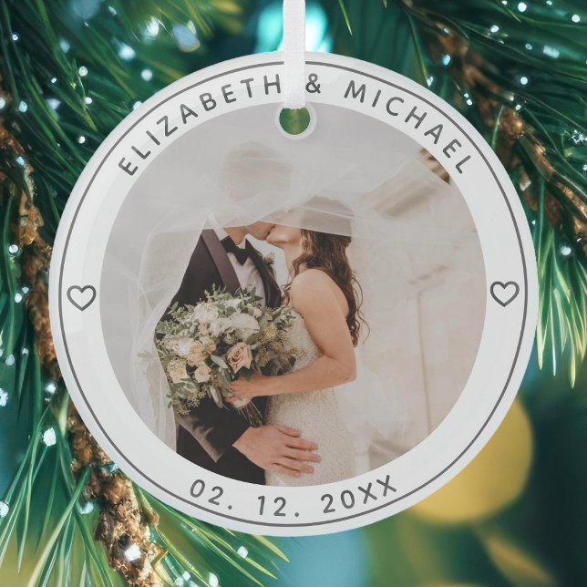 Modern Minimalist Newlyweds Couple Wedding Photo Glass Ornament (Creator Uploaded)